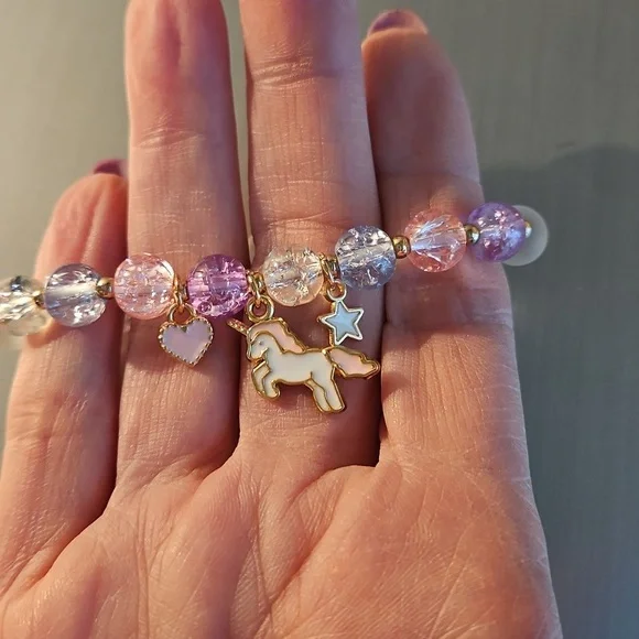 Pink Beaded Bracelet with Unicorn Charm - Picture 2 of 3